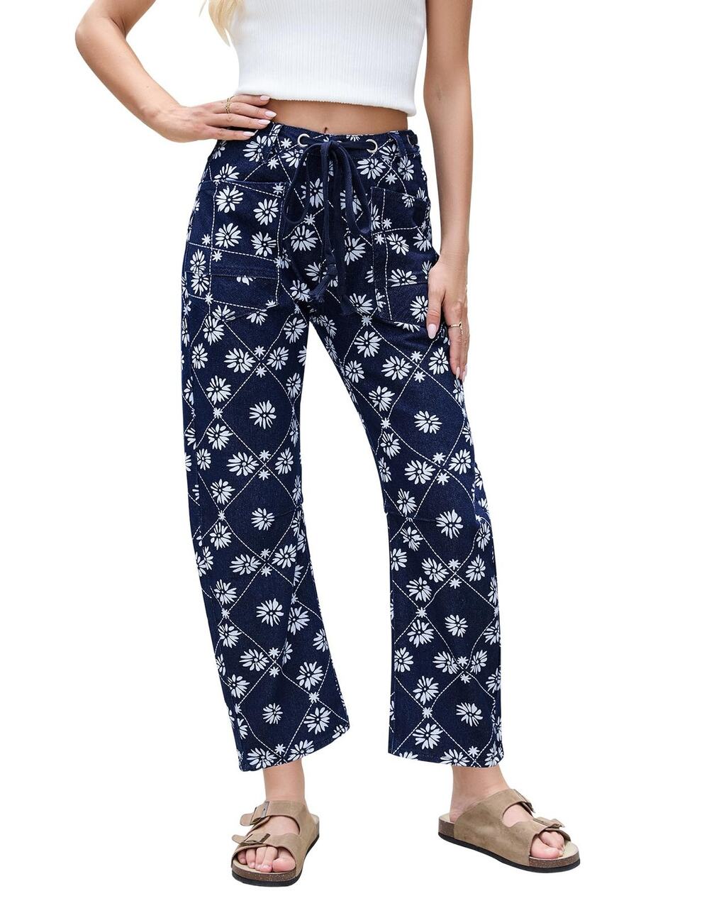 Kedera Womens Pants Size 14 Navy White Floral Print Wide Leg